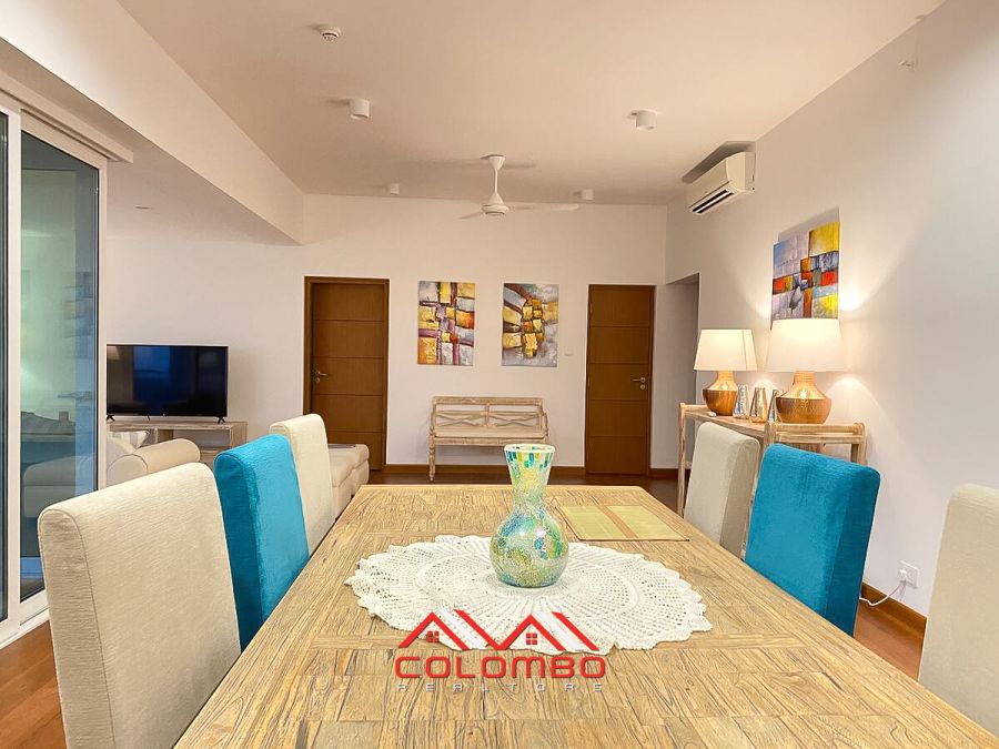 Dining area of artfully decorated luxury four bedroom apartment at Elements Rajagiriya for Sale