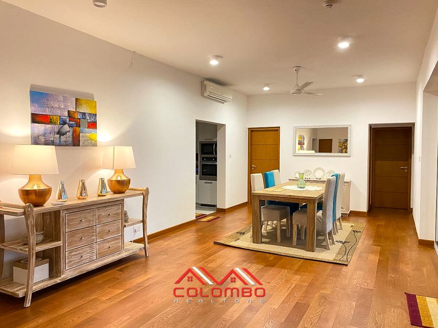 Living and dining area of Artfully decorated luxury four bedroom apartment at Elements Rajagiriya for Sale