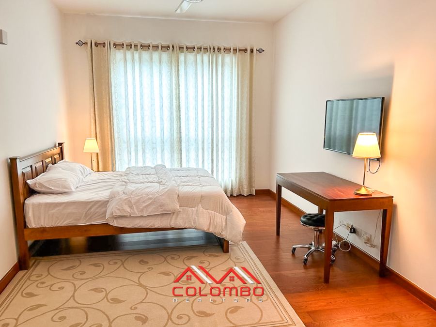 Bedroom of artfully decorated luxury four-bedroom apartment at Elements Rajagiriya